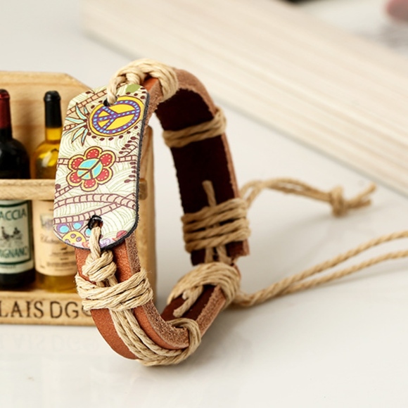 Jewelry - Boho Gypsy Peace Vintage Leather Bangle Bracelet